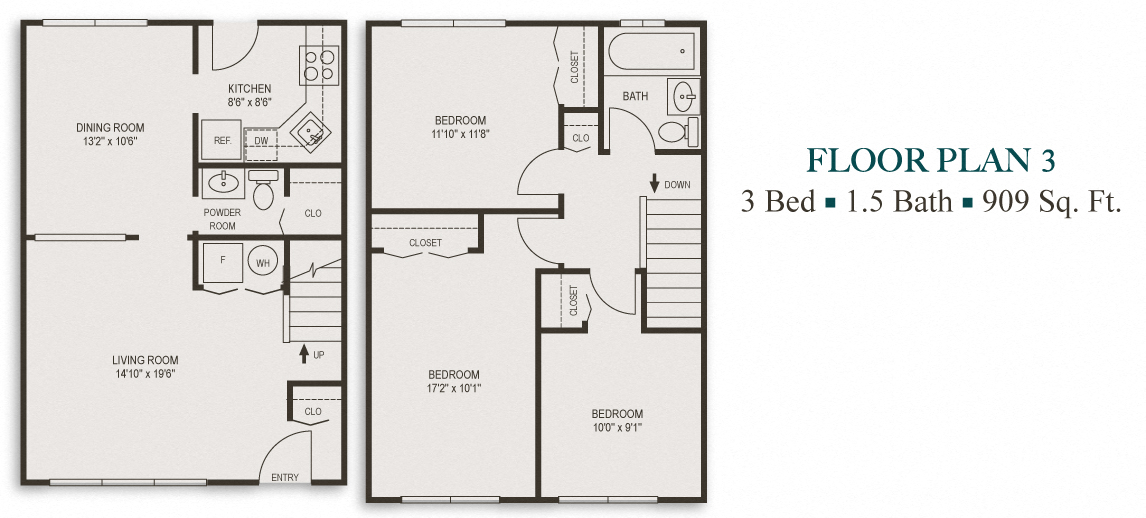 Floor plan for 3 beds, 1.5 baths, 909 sqft